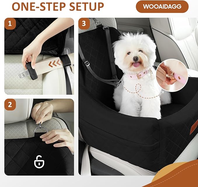 WOOAIDAGG Dog Car Seat for Medium Sized Dog,Pet Travel Car Bed with Seat Belt Channle,Fully Detachable and Washable Car Dog Seat with Adjustable Straps,3 Straps Easy to Install (Black)