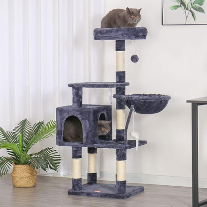 Heybly Cat Tree with Toy, Cat Tower Condo for Indoor Cats, Cat House with Padded Plush Perch, Cozy Hammock and Sisal Scratching Posts, Smoky Gray HCT004G