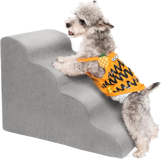 MEWANG Dog Stairs for Small & Medium Dogs and Old Cats –3/4/ 5 Steps High-Density Foam Pet Ramp for Bed & Couch, Non-Slip, Washable Cover, Grey (Round Corner, 4 Steps: 23.94''L×14.96''W×18.27''H)