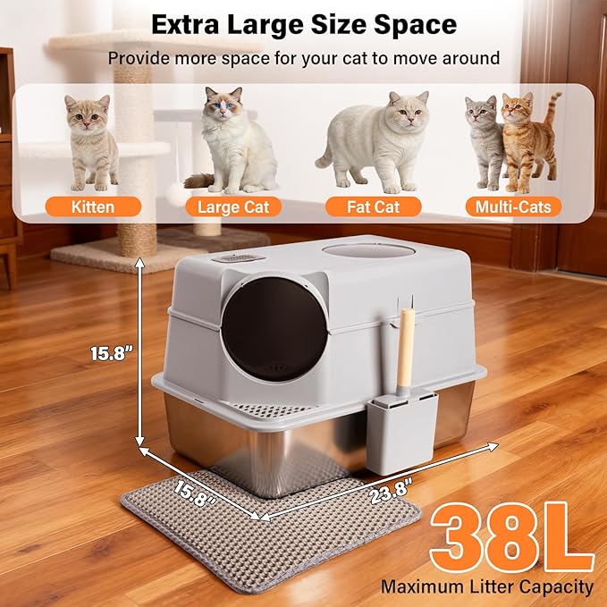 Stainless Steel Litter Box with Lid,Extra Large Enclosed cat Litter Box, Metal litterbox with Flip Top,Front and Top Entry,Anti-Leakage,Easy Cleaning,Includes Carbon Filters & Scoop & Mat