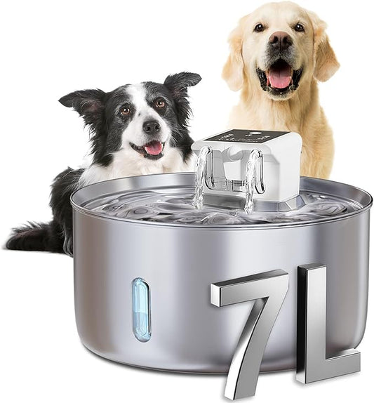 Wireless Dog Water Fountain - Dog Water Bowl Dispenser, 7L/236oz Large Capacity Stainless Steel Cat Fountain with Motion Sensor, Auto Water Dispenser for Multi-Pet Home (Circle+5 Filters+5 Sponges)