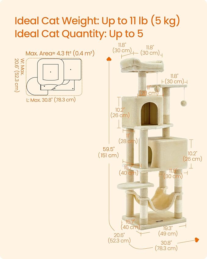 Feandrea Cat Tree, 59.5-Inch Tall Cat Tower, Plush Multi-Level Condo with 5 Scratching Posts, 2 Perches, 2 Caves, Hammock, 2 Pompoms, Beige UPCT192M01