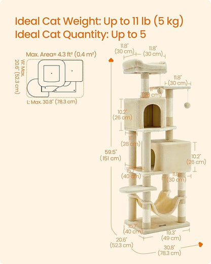 Feandrea Cat Tree, 59.5-Inch Tall Cat Tower, Plush Multi-Level Condo with 5 Scratching Posts, 2 Perches, 2 Caves, Hammock, 2 Pompoms, Beige UPCT192M01