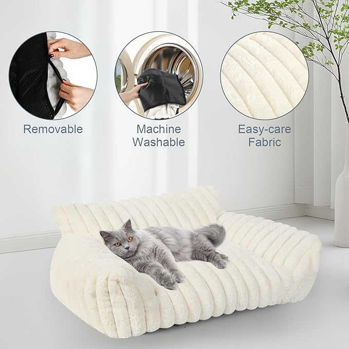 Cute Cat Couch Bed for Indoor Cats, Fluffy Pet Cat Sofa with Premium Soft Corduroy Fleece, Cute Small Dog Beds for Small Dogs, Fuzzy Puppy Chair with Removable Washable Cover (24x18x10,Cream)
