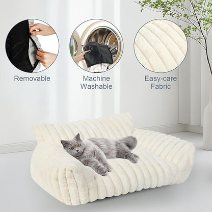Cute Cat Couch Bed for Indoor Cats, Fluffy Pet Cat Sofa with Premium Soft Corduroy Fleece, Cute Small Dog Beds for Small Dogs, Fuzzy Puppy Chair with Removable Washable Cover (24x18x10,Cream)