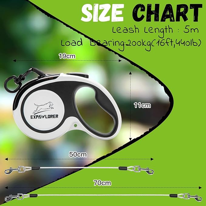 EXPAWLORER Retractable Double Dog Leash - Chew Proof, 2 No Tangle Strong Wire Ropes, 16 ft Heavy Duty Walk Leash for Medium & Large Dogs (Black & White)