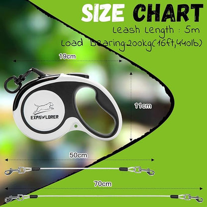 EXPAWLORER Retractable Double Dog Leash - Chew Proof, 2 No Tangle Strong Wire Ropes, 16 ft Heavy Duty Walk Leash for Medium & Large Dogs (Black & White)