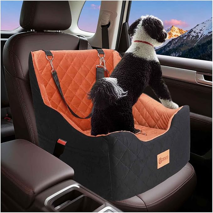 Dog Car Seat for Small/Medium Dogs Under 40lbs, Dog Booster Car Seats Memory Foam and Velvet, Detachable and Washable Pet Booster Carseats with Clip-On Satebelt and Storage Bag.(Black/Brown)