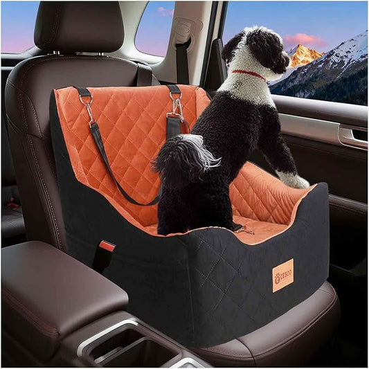 Dog Car Seat for Small/Medium Dogs Under 40lbs, Dog Booster Car Seats Memory Foam and Velvet, Detachable and Washable Pet Booster Carseats with Clip-On Satebelt and Storage Bag.(Black/Brown)