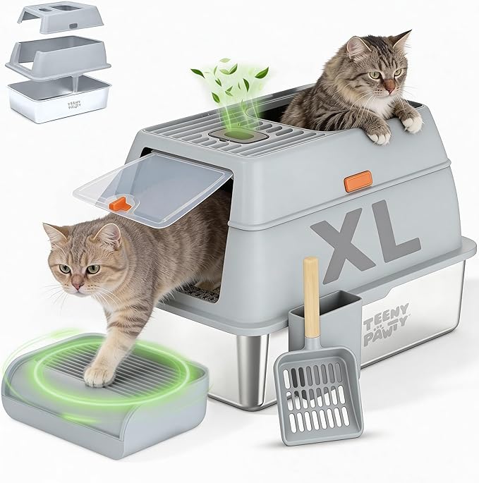 XL Stainless Steel Cat Litter Box with Enclosure and Pooper Scooper - Durable Black Metal Litter Box for Big Cats, High Sides for Anti-Leakage, Never Absorbs Odors, Non-Sticky - (60x40cm) (Gray)