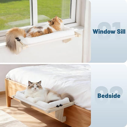 Cat Sill Window Perch - 100% Natural Pine Frame, Soft Rabbit Fur Cushion, Tool-Free Adjustment, Supports 50 lbs (Large-White)