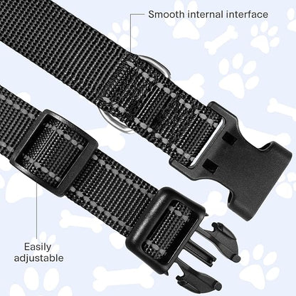FunTags Reflective Dog Collar, Sturdy Nylon Collars for Medium Girl and Boy Dogs, Adjustable Dog Collar with Quick Release Buckle, Black