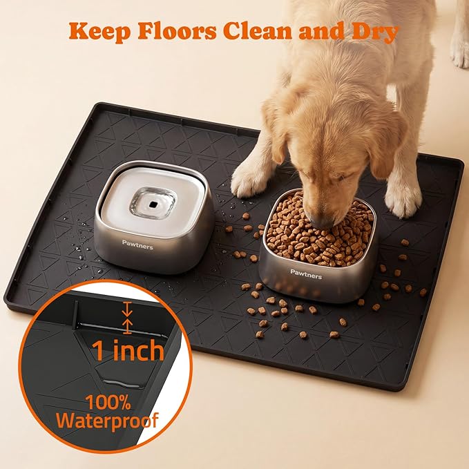 Large Silicone Dog Food Mat with Raised Edge, Waterproof Non-Slip Pet Feeding Mat for Floors, Dog Bowl Mat for Food and Water, Spill Proof Cat & Dog Feeding Placemat, Easy Clean, 34 x 22, Black