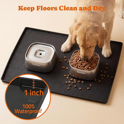 Large Silicone Dog Food Mat with Raised Edge, Waterproof Non-Slip Pet Feeding Mat for Floors, Dog Bowl Mat for Food and Water, Spill Proof Cat & Dog Feeding Placemat, Easy Clean, 34 x 22, Black