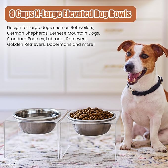 2 Set Acrylic Elevated Dog Bowls Stand 6.3" Tall Pet Acrylic Feeder Come with 2 Removable Stainless Steel Bowls for Large Dogs, Raised Durable Dog Bowl Pet Feeding Station