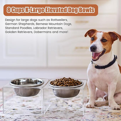 2 Set Acrylic Elevated Dog Bowls Stand 6.3" Tall Pet Acrylic Feeder Come with 2 Removable Stainless Steel Bowls for Large Dogs, Raised Durable Dog Bowl Pet Feeding Station