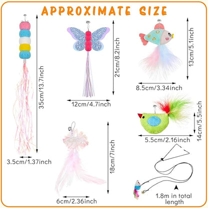 Charniol 8 Pcs Doorway Cat Toys Indoor Feather Door Hanger Interactive Hanging Dragonfly Little Mouse Retractable Teaser Kitten for Play, 6 Styles (Vibrant Style)