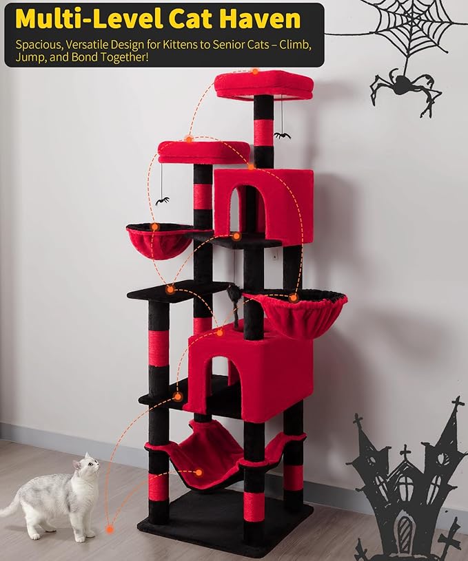 AMHANCIBLE Gothic Cat Tree, 70 Inch Tall Cat Tower for Indoor Cats, Multi-Level Cat Tree with Scratching Post, Hammock, Hanging Basket, Large Cat Condos for Adult Cats Kittens, Black Red, PT18RD
