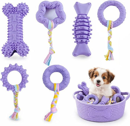 Chew Toys, 6 Pcs Soft Rubber Teething Toys for Small Dogs, Eco-Friendly Interactive Dog Toys, Teeth Cleaning, Cute Purple Design