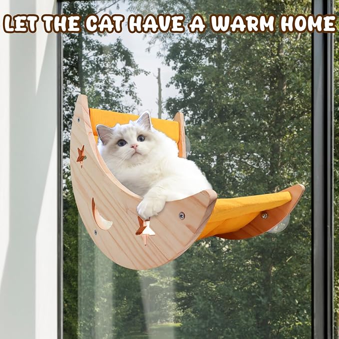 Cat Hammock Moon Bed Window Mounted Hammock Strong Suction Cup Shelves and Perches Solid Wood Furniture Platforms Beds Hanging for Cats and Kitty Easy Installation Single Moon