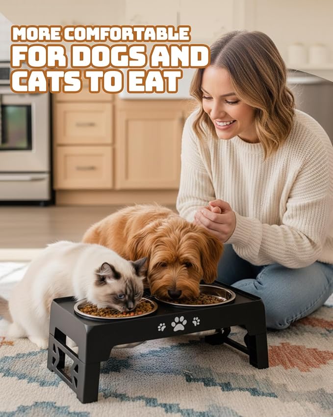 Elevated Dog Bowls for Small Dogs and Cats, Non-Slip Cat Bowls with 2 Thick 5.5" Stainless Steel Dishes, Dog Feeder 2 Heights Adjustable to 2.6"-5.3"
