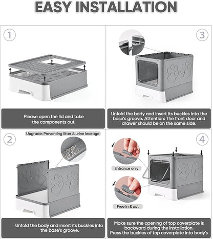 Cat Litter Box with X-Large Litter Mat and Scoop, Large Covered Litter Box with Lid, Enclosed Kitty Box,Front Top Entry Exit, Odor Control Easy to Clean (Upgrade Dark Grey)