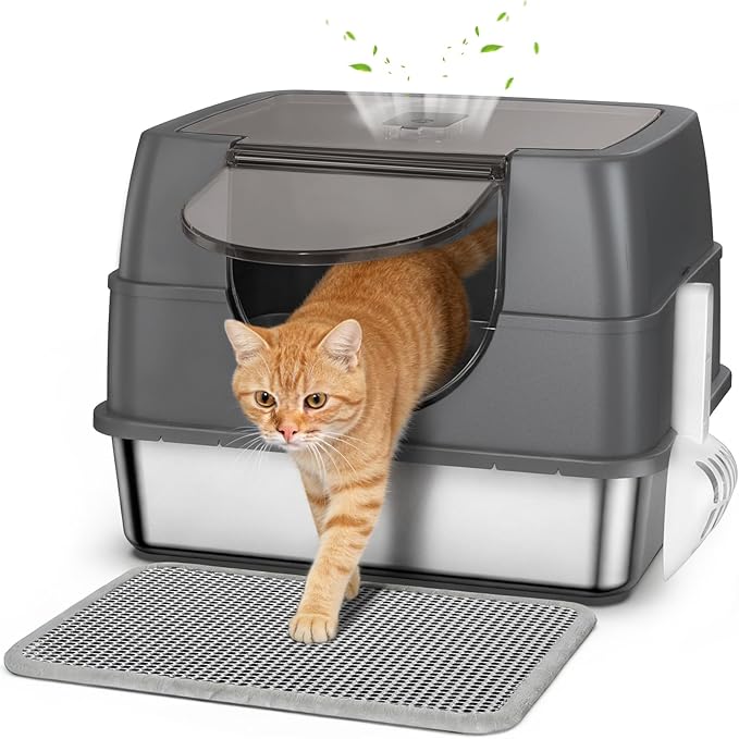 Stainless Steel Litter Box with Lid, Side Entry Large Enclosed Cat Litterbox for Kitty & Multi-Cat, Flip Cover Easy to Clean, High Sided Metal Cat Litter Pan with Scoop, Mat, Anti-Leakage, Non-Sticky