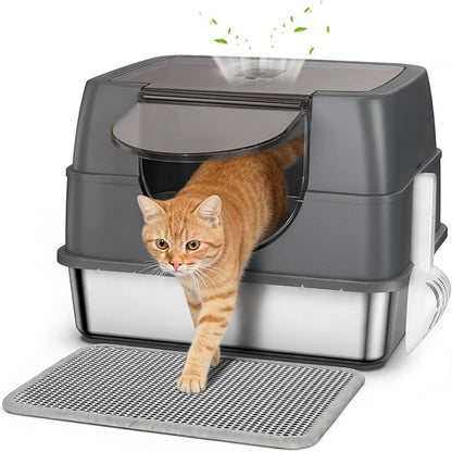 Stainless Steel Litter Box with Lid, Side Entry Large Enclosed Cat Litterbox for Kitty & Multi-Cat, Flip Cover Easy to Clean, High Sided Metal Cat Litter Pan with Scoop, Mat, Anti-Leakage, Non-Sticky