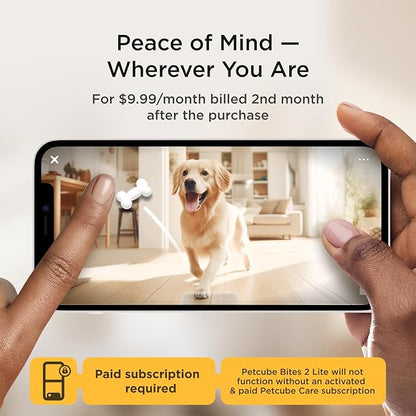 Petcube Bites 2 Lite + Extra Care Service with Smart Alerts [Paid in-App Subscription] | Interactive WiFi Pet Monitoring Camera with Phone App and Treat Dispenser, 1080p HD Video, Night Vision
