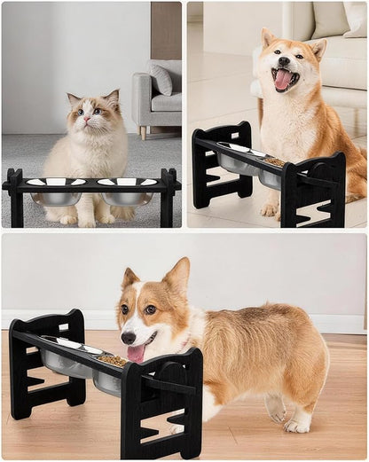 Elevated Dog Bowls, Adjustable Raised Dog Bowl Stand for Small Size Dogs and Cats, 15°Tilted Elevated Cat Bowls, Durable Bamboo Dogs Feeder with 2 Stainless Steel Bowls and Non-Slip Feet