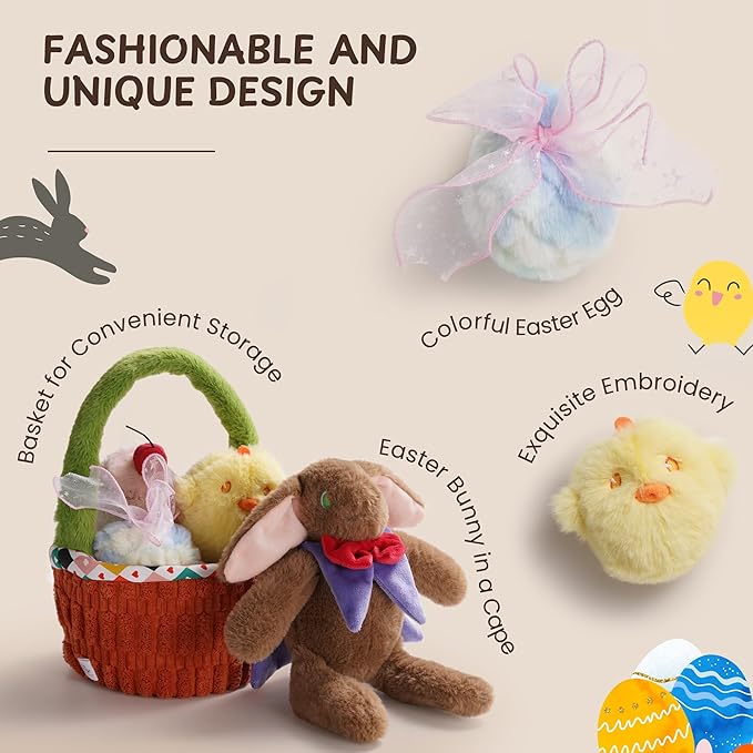 Nocciola Dog Easter Basket Dog Toys - Durable Stuffed Plush Bunny Dog Squeaky Toys for Small, Medium and Large Breeds, Easter Basket with Egg & Rabbit & Chick & Cake Puppy Toy