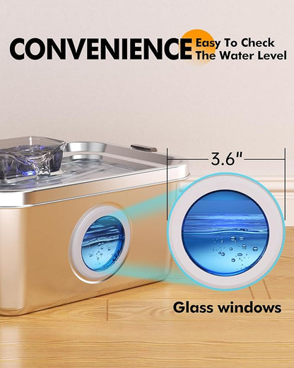 Dog Water Fountain, 2 Gallon 304 Stainless Steel Large Pet Water Fountain for Dogs & Cats, Ultra Quiet Indoor Pet Fountain, Safety Lock, 3 Replacement Filters Included, Smart Pump Protection