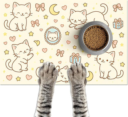 Cute Sweet Cat Food Mat for Dog Food Mat Food and Water Bowl Pet Feeding Bowl Mats for Pet Feeding Areas Easy Clean Fast Dry Feedings Pad Cats, Kittens & Small Dogs 24" x 16"