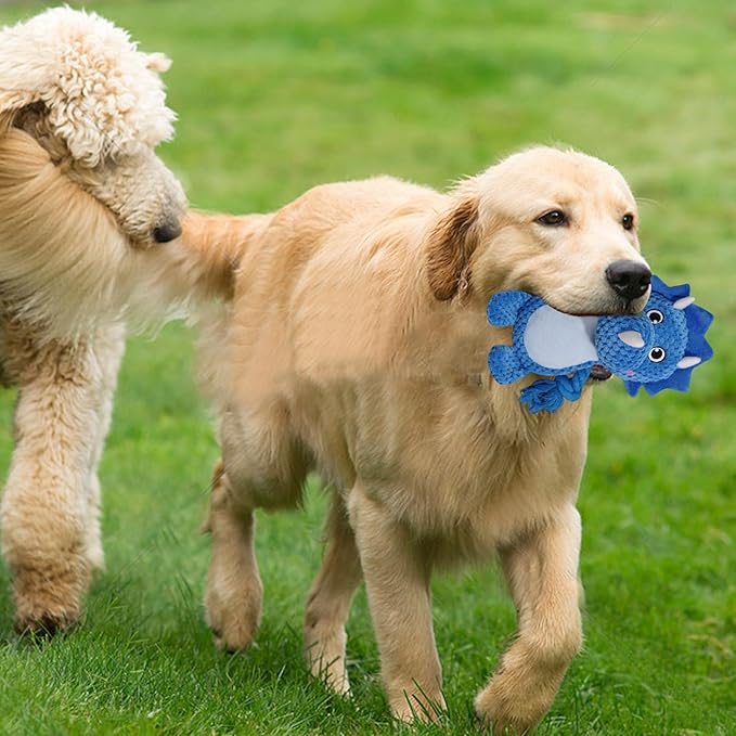Cute Animals Interactive Squeaky Dog Toy with a Vocal Bladder, Crinkle Paper Stuffed Soft Cotton Chew Toy, Teething Rope Tug of War Pull Toy to Keep Them Busy for Puppy, Small Dogs - Blue Triceratops