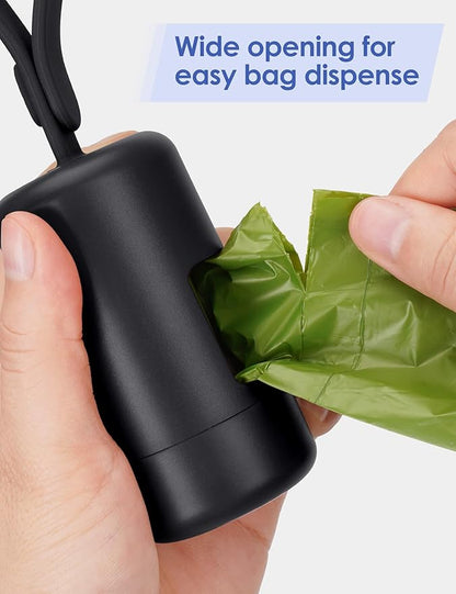 Gobeigo Dog Poop Bag Holder【Convenient Hook for Used Bags】【Silicone Strap Fits Any Leash】【Large Opening for Easy Dispensing】with 1 Roll Waste Bags (Black)