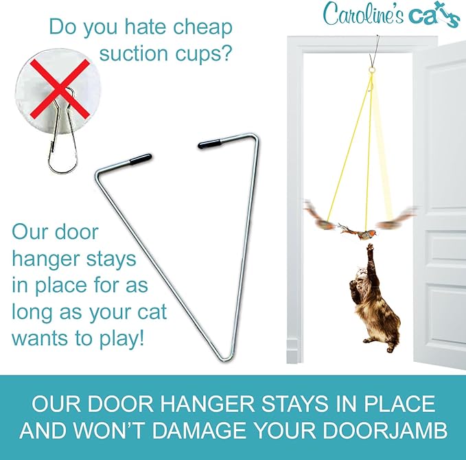 Caroline's Cats Plush Chirping Bird Cat Toy on Elastic String with Doorway Hanger - No Flimsy Suction Cups; Real Electronic Avian Sounds