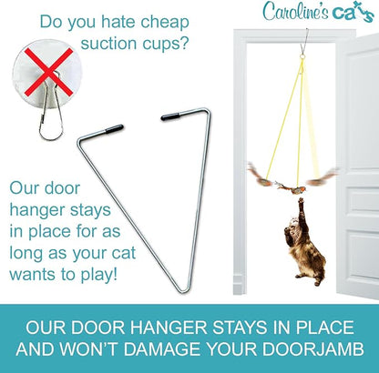 Caroline's Cats Plush Chirping Bird Cat Toy on Elastic String with Doorway Hanger - No Flimsy Suction Cups; Real Electronic Avian Sounds