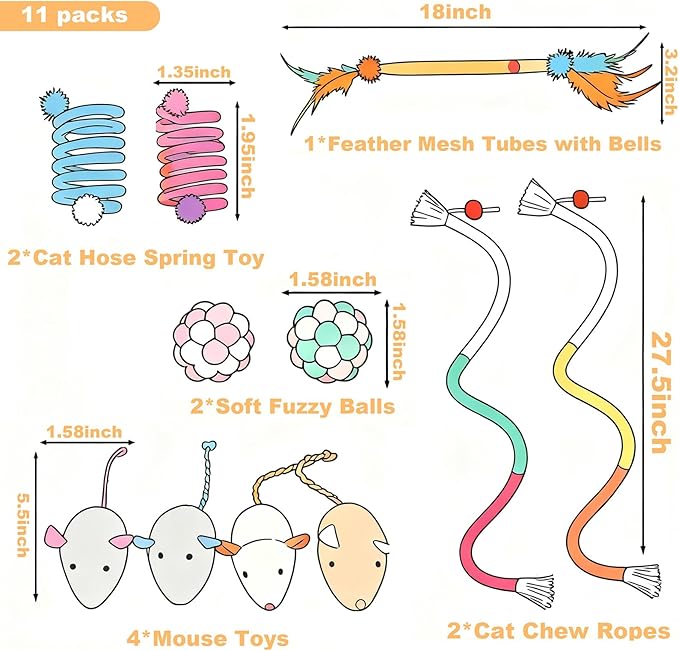 11-Piece Interactive Cat Toys for Indoor Cats, 2 Bendable Rope Toys, 4 Mice, 2 Springs, 2 Bell Balls & Feather Teaser - Kitten Chew Toys and Cat Supplies