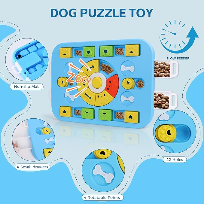 Dog Puzzle Toy for Smart Dogs with Sound,4-in-1 Interactive IQ Training & Cognitive Toy for Large & Small Dogs and Cat, Durable Food Puzzle to Keep Them Busy and Slow Feeder (L-Level4-Blue)