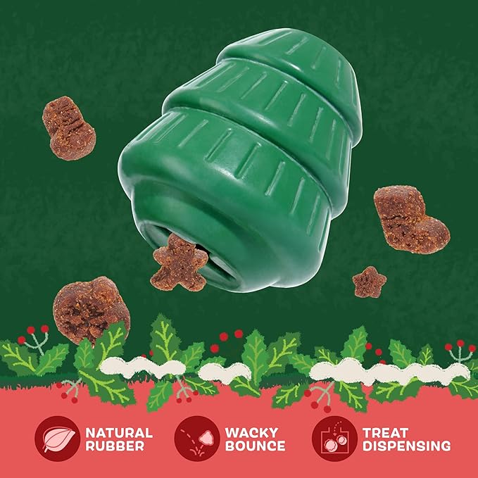 Barkbox Tough Timber Tree Super Chewer Dog Toy – Durable Natural Rubber Treat-Dispensing Christmas Tree Toy with Wacky Bounce – Tough Holiday Fun for Medium to Large Dogs