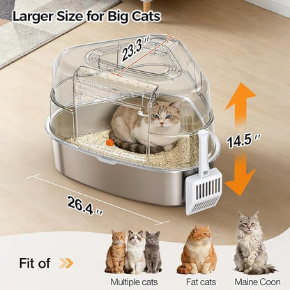 XXL Stainless Steel Corner Cat Litter Box with Lid - Sturdy, No Odor & Space-Saving Hidden Design for Large Cats, White