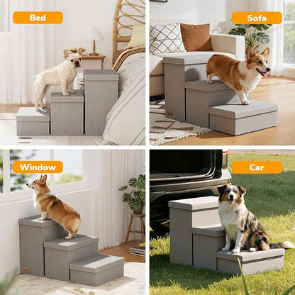 3-Step Wide Dog Stairs with Hidden Storage 18" H, Non-Slip Dog Steps for High Bed Couch Window Car, Jiont-Friendly Pet Stairs Ramp for Small/Medium/Large Old Dogs Cats Up to 200lbs, Grey