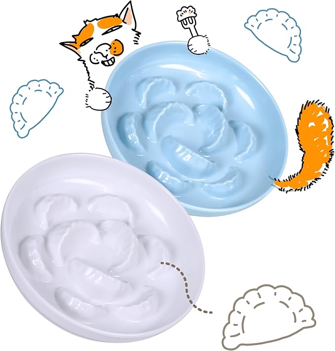 2 Pcs Cat Slow Feeder Bowl Set - Unbreakable Melamine Puzzle cat Bowl for Slow Eating - Cat Dish for Wet & Dry Food- Whisker Friendly & Dishwasher Safe & Non Slip Design - 6.3 x 6.3 '' (Blue+White)