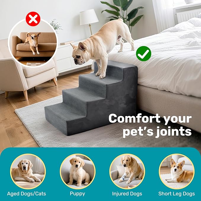 Dog Stairs for Bed, Extra Wide 4-Step Dog Steps for High Bed, High-Density Foam Pet Stairs with Non-Slip Removable Washable Cover for Small Pets, 18" H, Grey