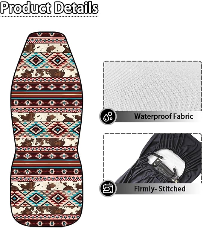 Aztec Cow Print Car Seat Covers Full Set of 2 Waterproof Breathable Car Seat Cover for Front Seats Elastic Fabrics Easy to Install Universal for Auto Truck Van SUV