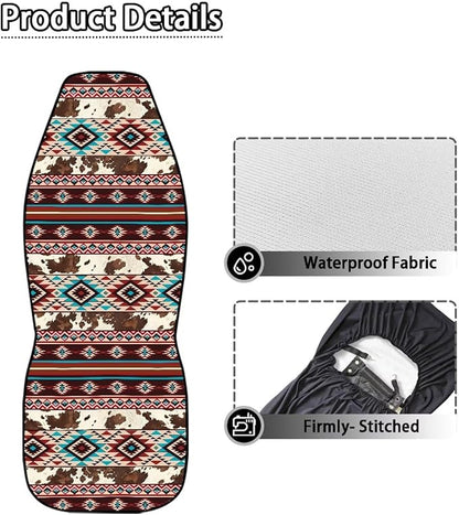 Aztec Cow Print Car Seat Covers Full Set of 2 Waterproof Breathable Car Seat Cover for Front Seats Elastic Fabrics Easy to Install Universal for Auto Truck Van SUV
