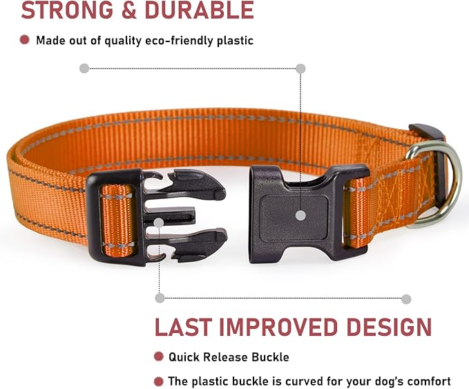 Reflective Dog Collar with Buckle Adjustable Safety Nylon Collars for Small Medium Large Dogs, Orange XS
