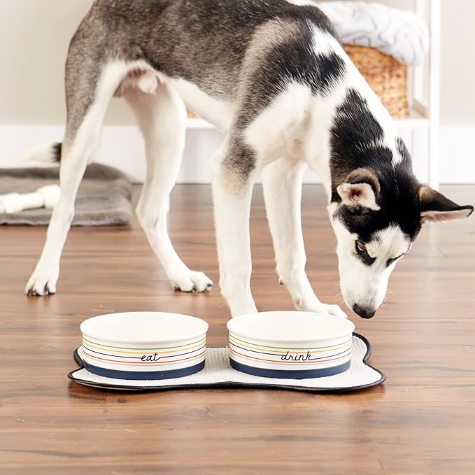 Bone Dry Ceramic Food Bowls, Non-Slip & Dishwasher Safe, Large Set, 7.5x2.4 Eat/Drink