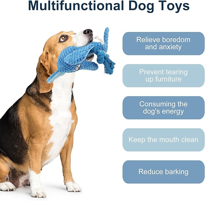 Dog Toys, Dog Squeaker Toys with Crinkle Paper, Stuffed Animal Dog Plush Chewing Toy, Cotton Rope Interactive Toys for Puppy, Small, Middle Dogs (Blue Elephant)