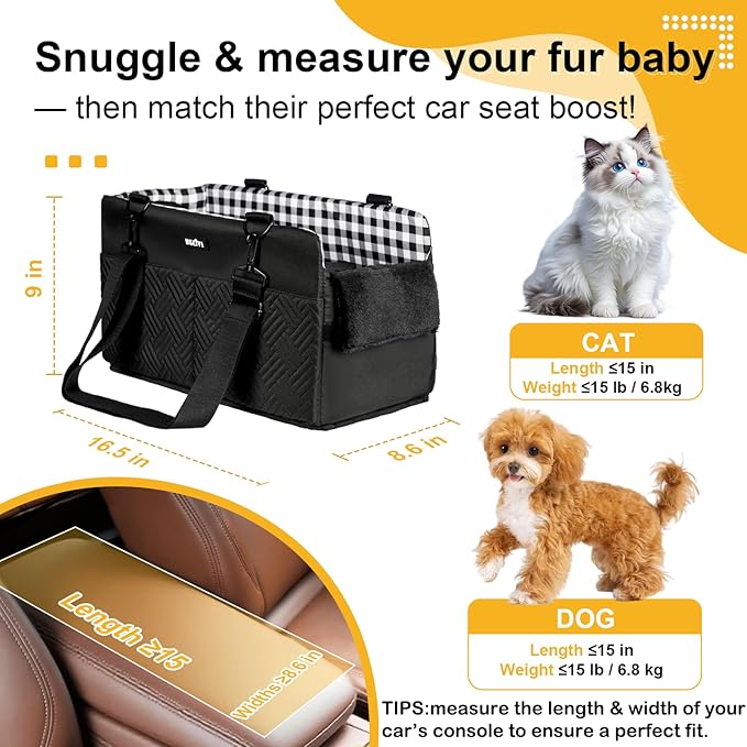 Console Dog Car Seat for Small Dogs Cats Up to 12lbs, Anti-Collapse Pet Armrest Booster Seat with Soft Pillow,Non-Slip Seat Rails Hooks & Safety Belt, Portable Car Accessories for Pets Travel